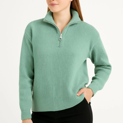 Yarım Fermuarlı Triko Kazak - Mint Yeşili -