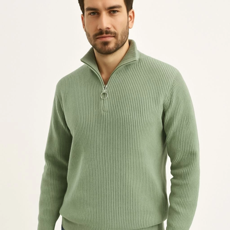 Yarım Fermuarlı Triko Kazak  Mint Yeşili -