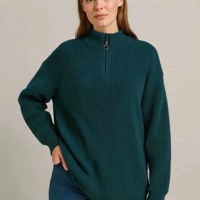 Yarım Fermuarlı Triko Kazak – Selanik Örgü, Dik Yaka, Pamuklu Dokuma, Oversize Uzun Kollu Kışlık Model - Haki