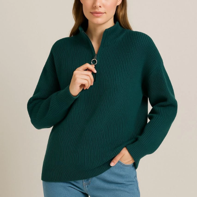 Yarım Fermuarlı Triko Kazak – Selanik Örgü, Dik Yaka, Pamuklu Dokuma, Oversize Uzun Kollu Kışlık Model - Haki