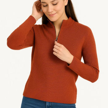 Yarım Fermuarlı Triko Kazak – Selanik Örgü, Dik Yaka, Pamuklu Dokuma, Oversize Uzun Kollu Kışlık Model - Kiremit