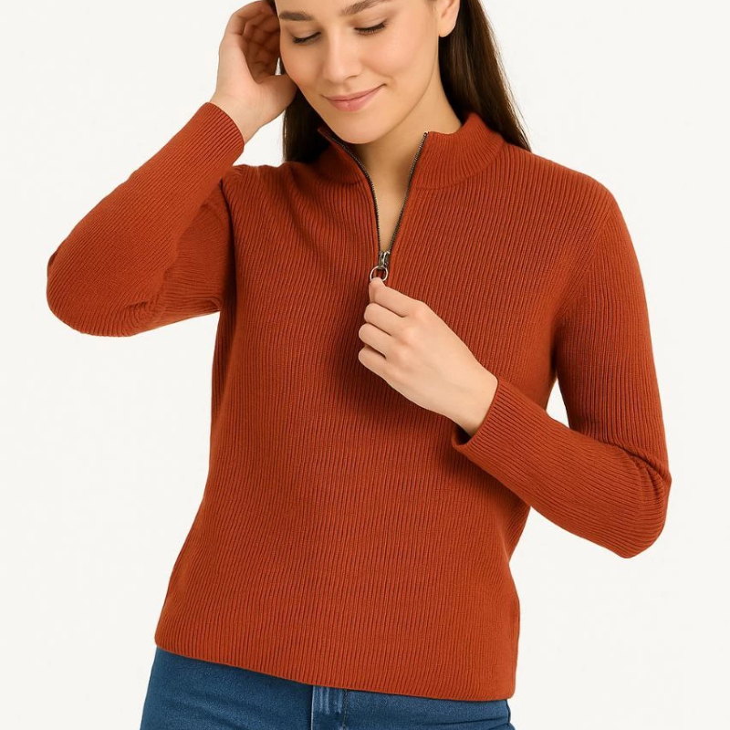 Yarım Fermuarlı Triko Kazak – Selanik Örgü, Dik Yaka, Pamuklu Dokuma, Oversize Uzun Kollu Kışlık Model - Kiremit