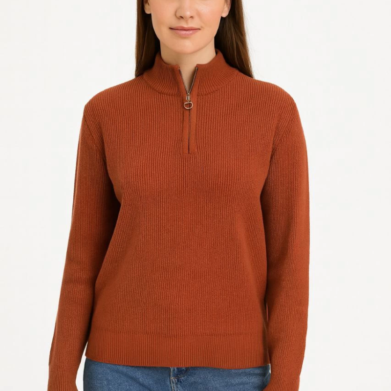 Yarım Fermuarlı Triko Kazak – Selanik Örgü, Dik Yaka, Pamuklu Dokuma, Oversize Uzun Kollu Kışlık Model - Kiremit