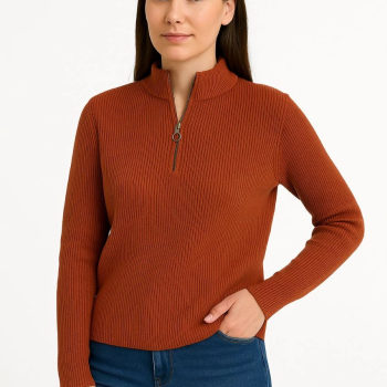 Yarım Fermuarlı Triko Kazak – Selanik Örgü, Dik Yaka, Pamuklu Dokuma, Oversize Uzun Kollu Kışlık Model - Kiremit