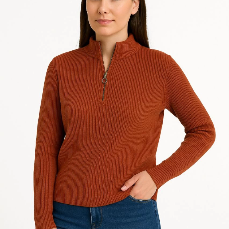 Yarım Fermuarlı Triko Kazak – Selanik Örgü, Dik Yaka, Pamuklu Dokuma, Oversize Uzun Kollu Kışlık Model - Kiremit