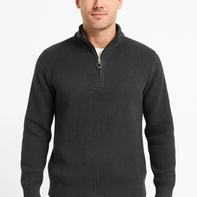 Yarım Fermuarlı Triko Kazak – Selanik Örgü, Dik Yaka, Pamuklu Dokuma, Regular Fit Uzun Kollu Kışlık Model - Füme