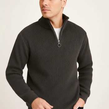 Yarım Fermuarlı Triko Kazak – Selanik Örgü, Dik Yaka, Pamuklu Dokuma, Regular Fit Uzun Kollu Kışlık Model - Füme