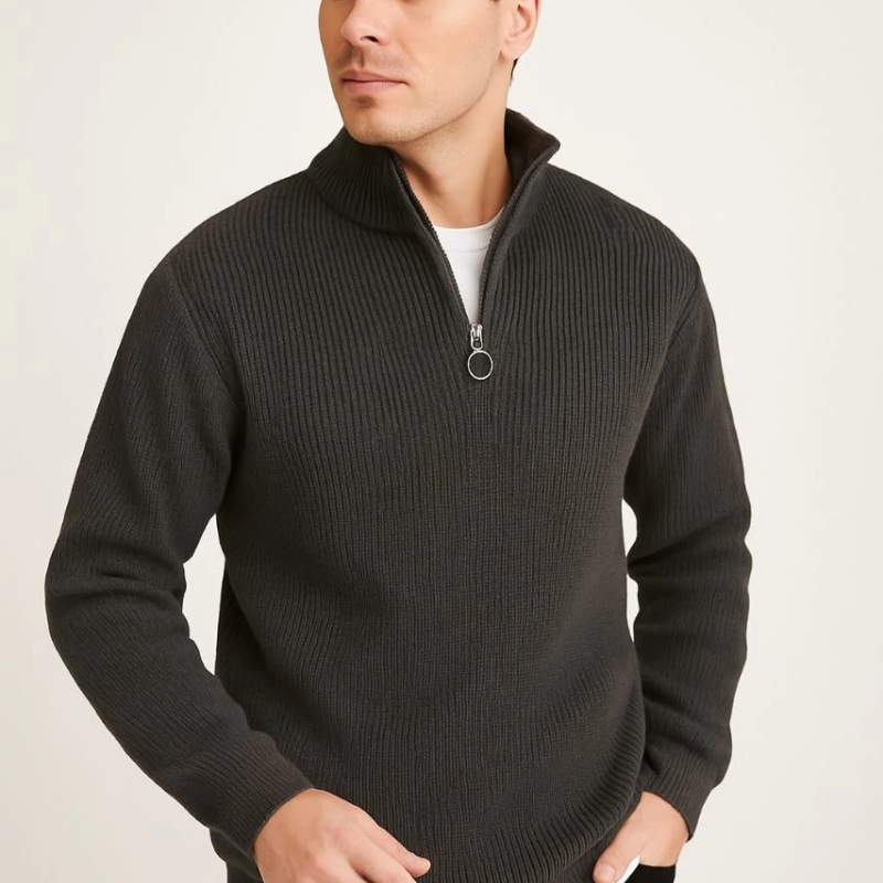 Yarım Fermuarlı Triko Kazak – Selanik Örgü, Dik Yaka, Pamuklu Dokuma, Regular Fit Uzun Kollu Kışlık Model - Füme