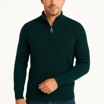 Yarım Fermuarlı Triko Kazak – Selanik Örgü, Dik Yaka, Pamuklu Dokuma, Regular Fit Uzun Kollu Kışlık Model - Haki -