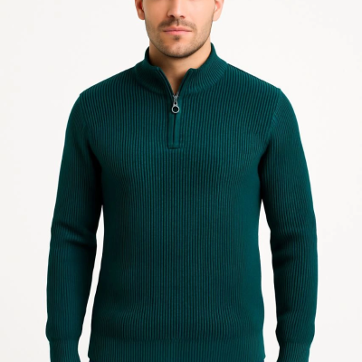 Yarım Fermuarlı Triko Kazak – Selanik Örgü, Dik Yaka, Pamuklu Dokuma, Regular Fit Uzun Kollu Kışlık Model - Haki -