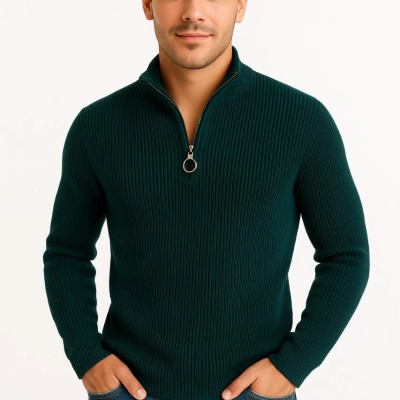 Yarım Fermuarlı Triko Kazak – Selanik Örgü, Dik Yaka, Pamuklu Dokuma, Regular Fit Uzun Kollu Kışlık Model - Haki -