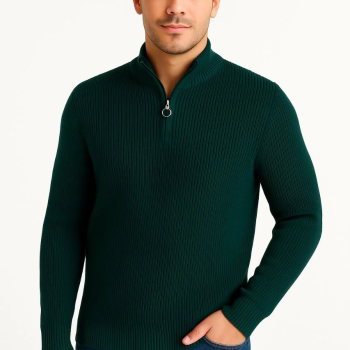 Yarım Fermuarlı Triko Kazak – Selanik Örgü, Dik Yaka, Pamuklu Dokuma, Regular Fit Uzun Kollu Kışlık Model - Haki -