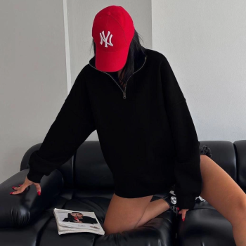 Yarım Fermuarlı Üç İplik Sweatshirt - Siyah