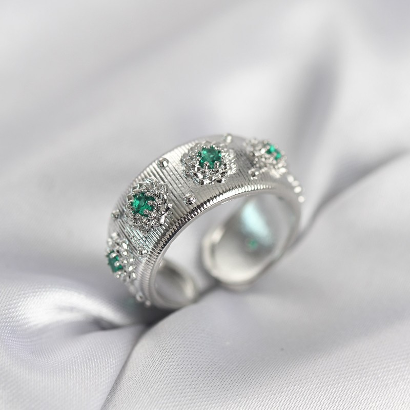 Yeşil Zirkon Taşlı Gümüş Renk Vintage Kadın Yüzük