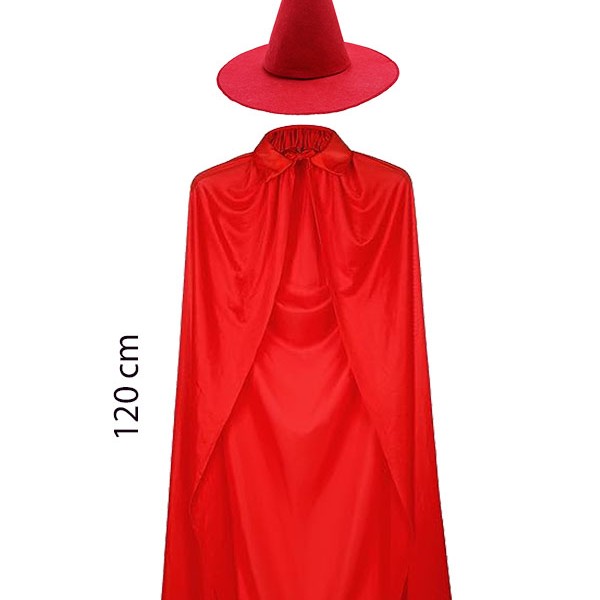 Yetişkin Boy Kırmızı Yakalı Pelerin ve Kırmızı Cadı Şapkası