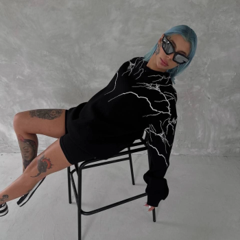 Yıldırım Baskılı Bisiklet Yaka SweatShirt - Siyah