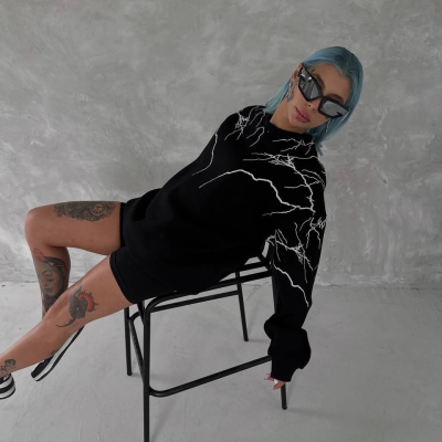 Yıldırım Baskılı Bisiklet Yaka SweatShirt - Siyah