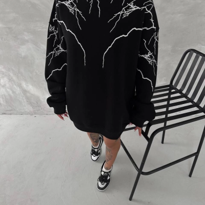 Yıldırım Baskılı Bisiklet Yaka SweatShirt - Siyah