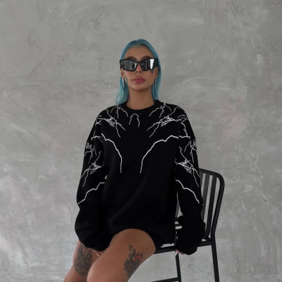 Yıldırım Baskılı Bisiklet Yaka SweatShirt - Siyah