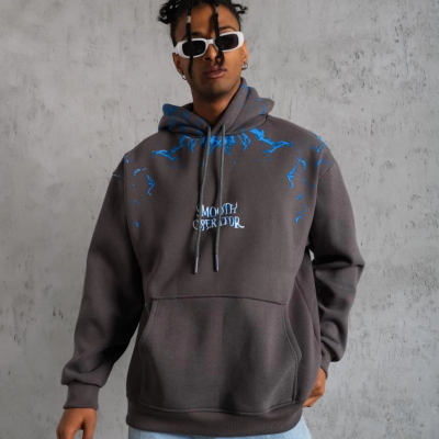 Yıldırım Baskılı Kapşonlu Sweatshirt - Gri