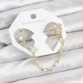 Yıldız Model Pirinç Gold Renk Zincir Bağlantılı Ear Cuff Küpe Seti