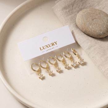 Yıldız Zirkon Taşlı Gold Renk Pirinç Set Küpe
