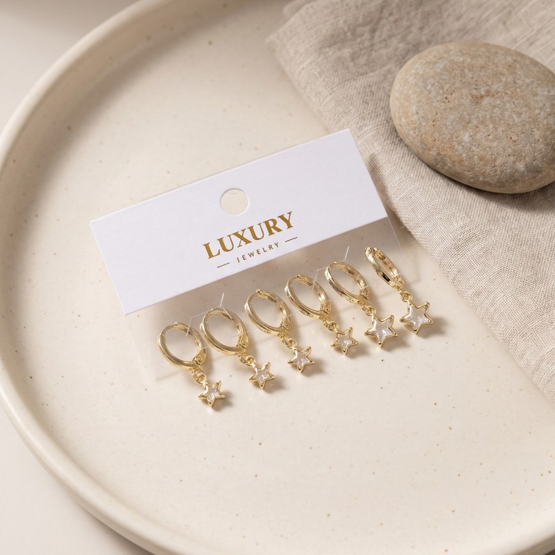 Yıldız Zirkon Taşlı Gold Renk Pirinç Set Küpe