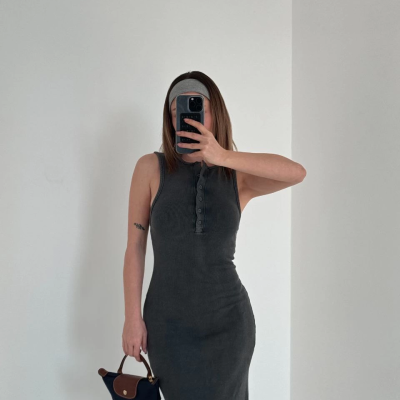 Yırtmaç Detaylı Kolsuz Düğmeli Yıkamalı Uzun Elbise - Antrasit