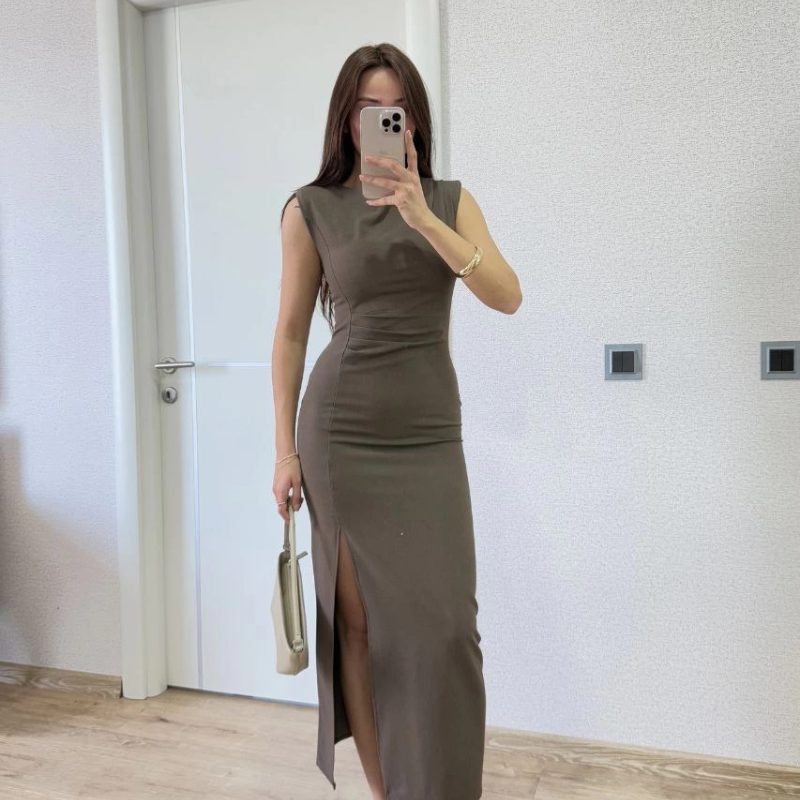 Yırtmaç Detaylı Sırtlı Kapalı Yandan Derin Yırtmaç Detaylı Kolsuz Elbise - Antrasit -