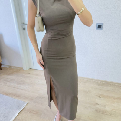 Yırtmaç Detaylı Sırtlı Kapalı Yandan Derin Yırtmaç Detaylı Kolsuz Elbise - Antrasit -