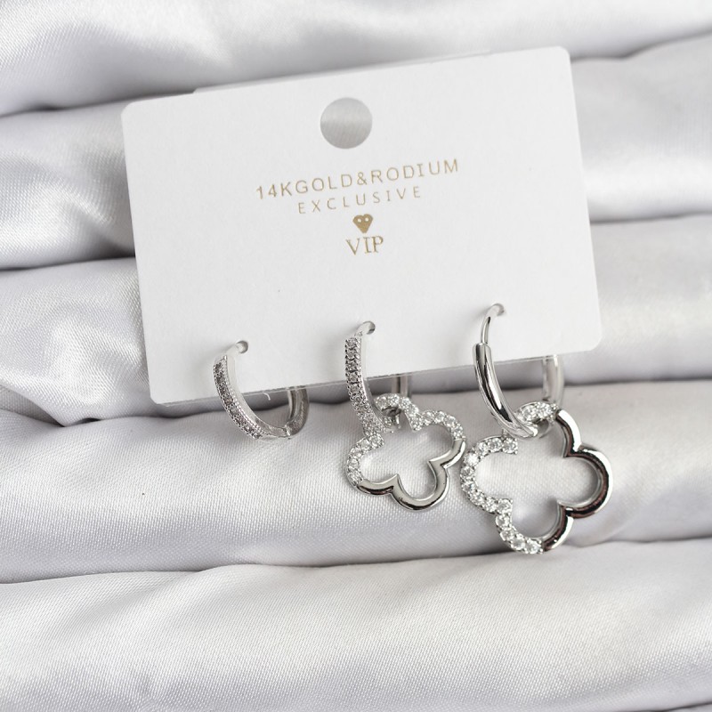 Yonca Model Gümüş Renk Pirinç 3'lü Kadın Küpe Seti