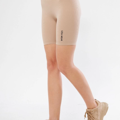 Yüksek Bel Fitilli Biker Baskılı Şort - Bej