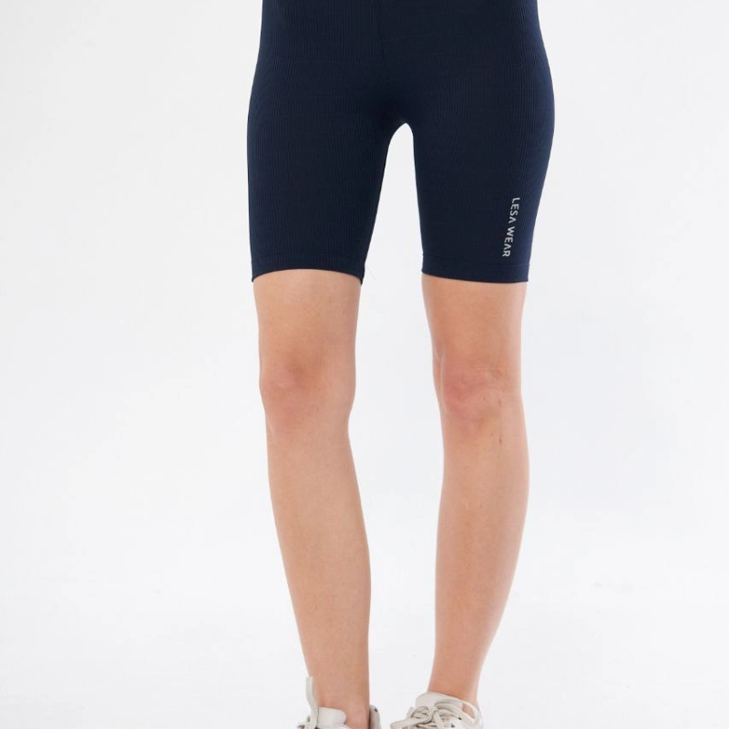 Yüksek Bel Fitilli Biker Baskılı Şort - Lacivert