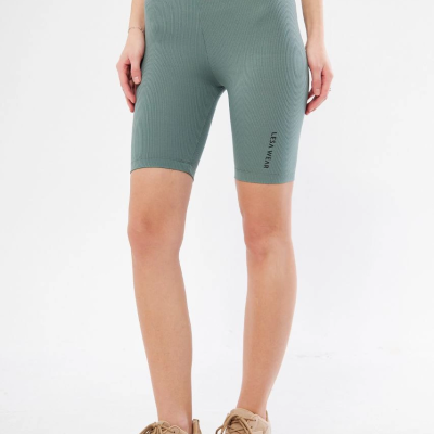 Yüksek Bel Fitilli Biker Baskılı Şort - Mint Yeşili