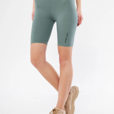 Yüksek Bel Fitilli Biker Baskılı Şort - Mint Yeşili