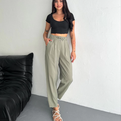 Yüksel Bel Beli Bağcıklı Cepli Rahat Paça Pantalon - Su Yeşili -