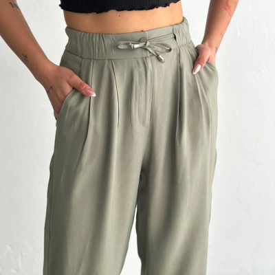 Yüksel Bel Beli Bağcıklı Cepli Rahat Paça Pantalon - Su Yeşili -
