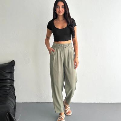 Yüksel Bel Beli Bağcıklı Cepli Rahat Paça Pantalon - Su Yeşili -