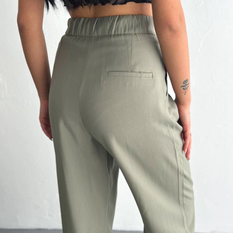 Yüksel Bel Beli Bağcıklı Cepli Rahat Paça Pantalon - Su Yeşili -