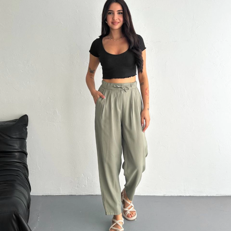 Yüksel Bel Beli Bağcıklı Cepli Rahat Paça Pantalon - Su Yeşili -