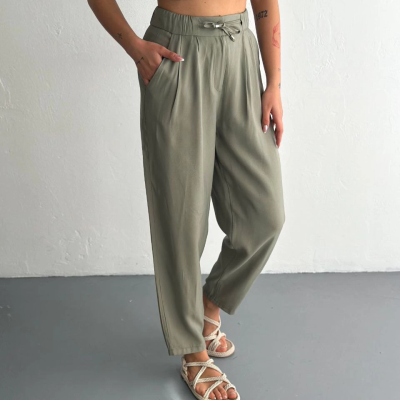 Yüksel Bel Beli Bağcıklı Cepli Rahat Paça Pantalon - Su Yeşili -