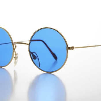 Yuvarlak Cam John Lennon Tarzı Gold Çerçeveli Mavi Gözlük