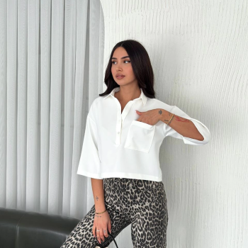 Z Krep   Crop Yakalı Gömlek İlik Düğmeli Üç Çeyrek Sleeve Kol - Beyaz -