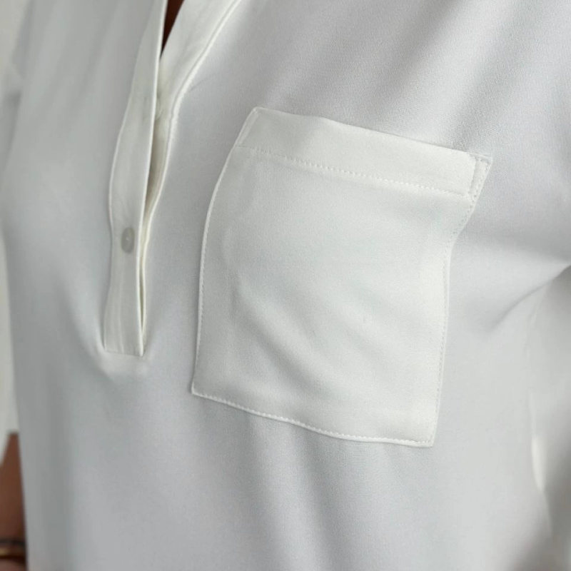 Z Krep   Crop Yakalı Gömlek İlik Düğmeli Üç Çeyrek Sleeve Kol - Beyaz -