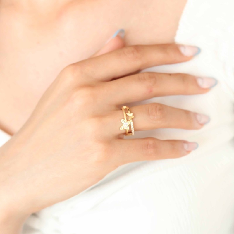 Zirkon Taşlı Altın Kaplama Kelebek Kadın Yüzük