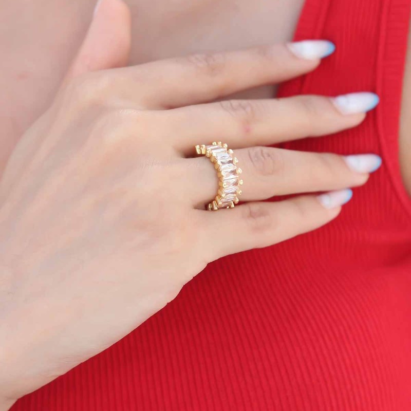 Zirkon Taşlı Baget Gold Renk Kadın Yüzük