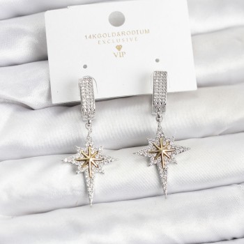 Zirkon Taşlı Gümüş Renk Pirinç Kutup Yıldızı Model Kadın Küpe