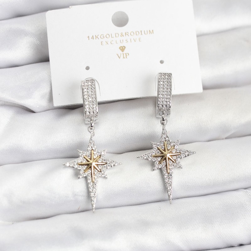 Zirkon Taşlı Gümüş Renk Pirinç Kutup Yıldızı Model Kadın Küpe