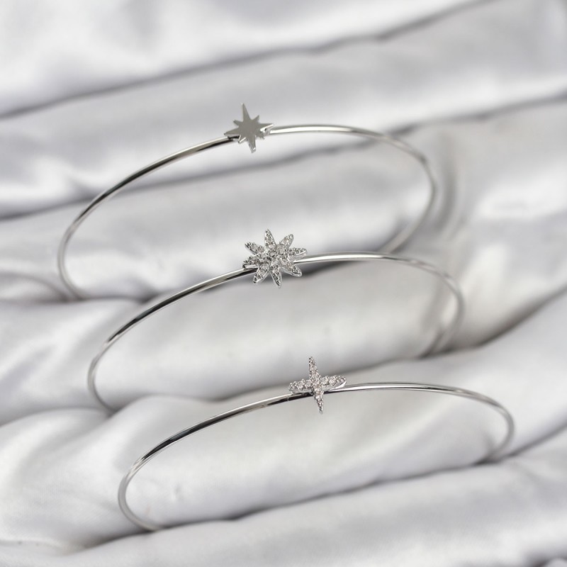 Zirkon Taşlı Kutup Yıldızı Model Gümüş Renk 3'lü Kadın Bileklik Kombini
