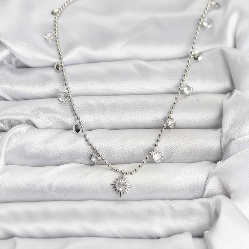 Zirkon Taşlı Kutup Yıldızı Model Pirinç Gümüş Renk Kadın Kolye